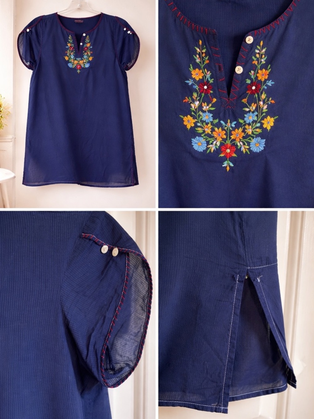 Boho Embroidered Cotton Tunic Top | Split Hem Lightweight & Breathable- Large‎